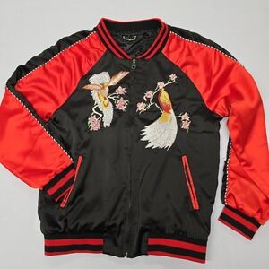 Miulife Embroidered Bomber Jacket Black Red Birds Floral Satin Men Size L